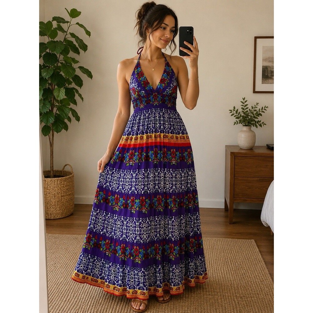 Cottagecore Rose 100% Cotton Floral Tiered V Neck Purple Boho Maxi Dress SZ M